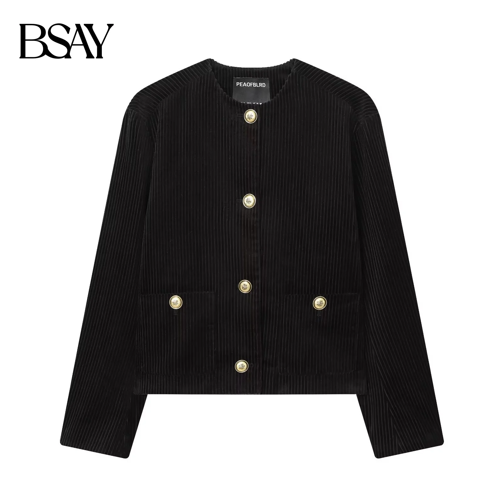 

BSAY осенняя новая женская одежда 2025 облегающая подплечница с круглым вырезом, тяжелая куртка с золотыми пуговицами, маленькая ароматная стильная куртка