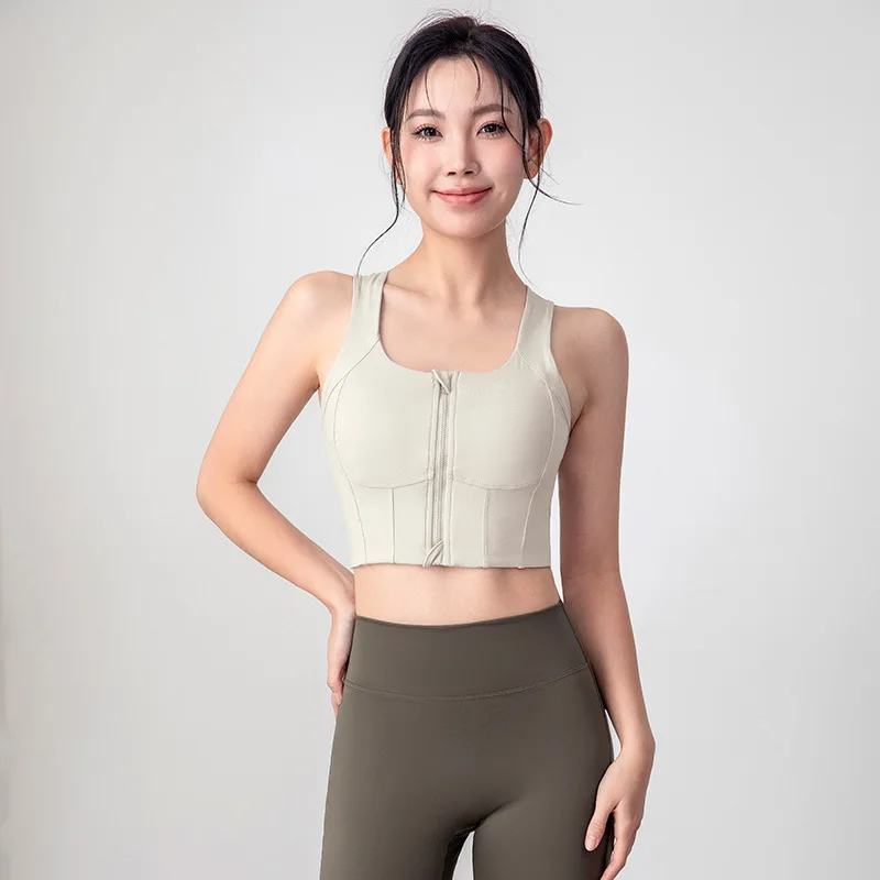 

Женский длинный спортивный бюстгальтер для йоги, верх со съемными подушечками на молнии спереди, противоскользящая поддержка для похудения сбоку, быстросохнущая противоударная подкладка для бега