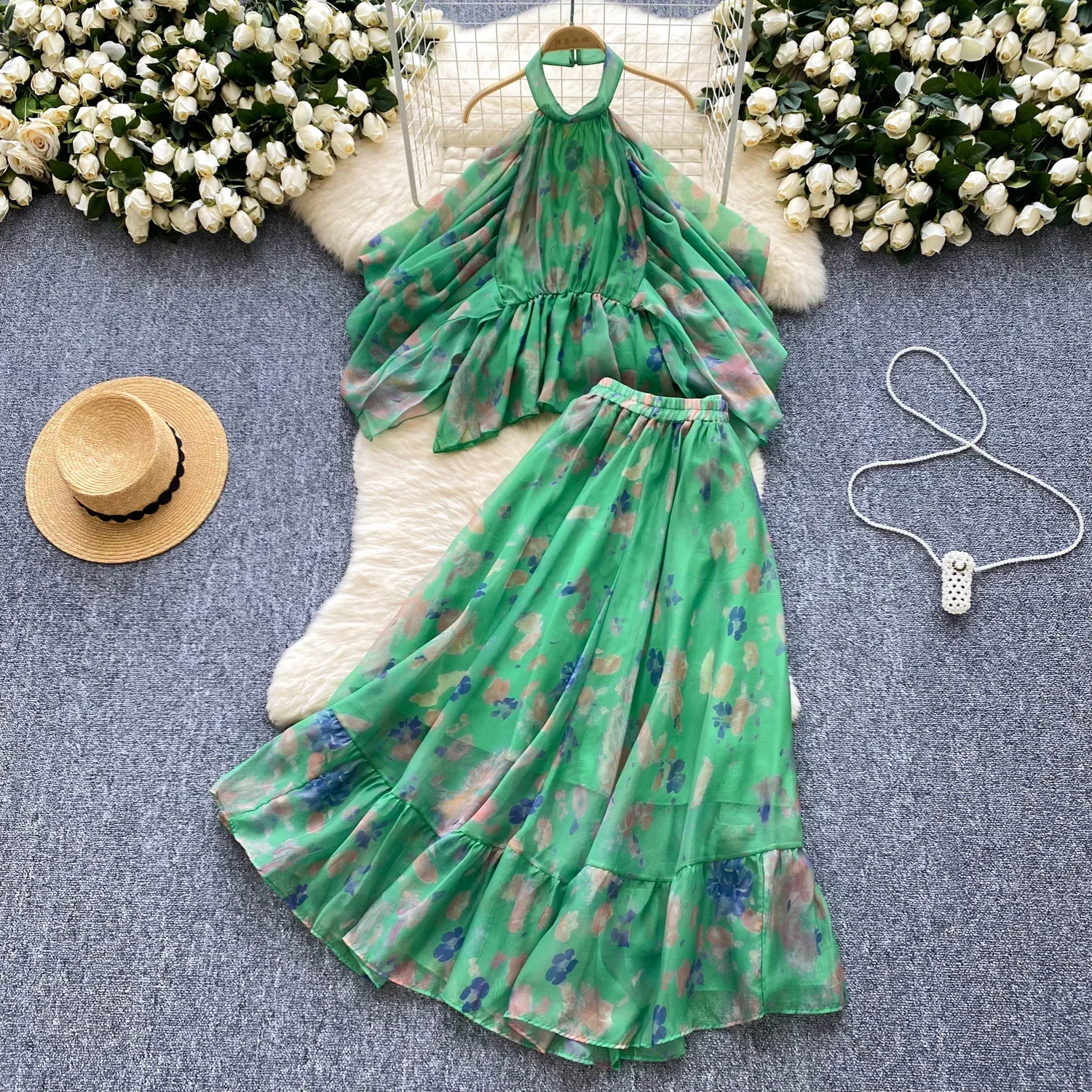 Chic Print Women Two-Piece Sets Vintage Halter Backless Zipper Top High Waist Long Skirt French High Street Summer Clothing