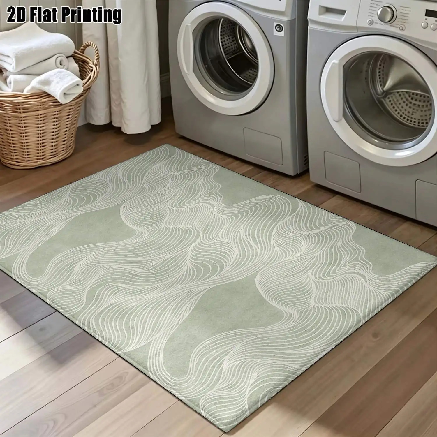 1Pc 2D Printed Carpet: Light Green Wave Line, Nordic/Instagram Style, Modern Minimalist Geometric Striped Floor Mat for Home Decor Multi-Size, Machine Washable, Suitable for Entryway, Dining Room, Foyer, Bedroom, Living Room.