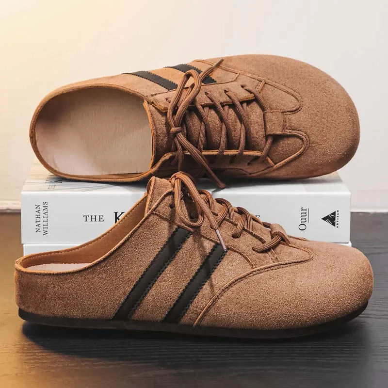 Unisex Khaki Suede Backless Mule Sneakers Double Black Stripe Flat Sole Slip on Summer Daily Street Casual Lazy Slides