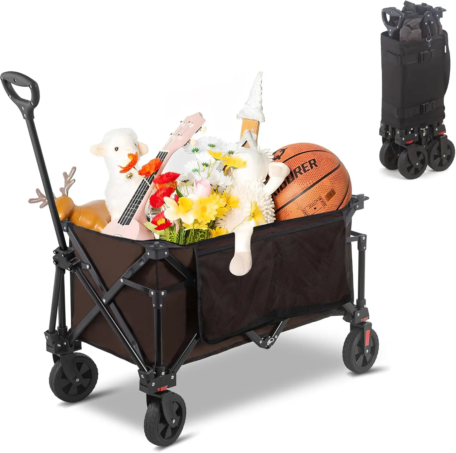 Collapsible Folding Wagon Cart, 220Lbs Heavy Duty Foldable Utility Garden Cart With All Terrain Wheels & Side Storage Bag,