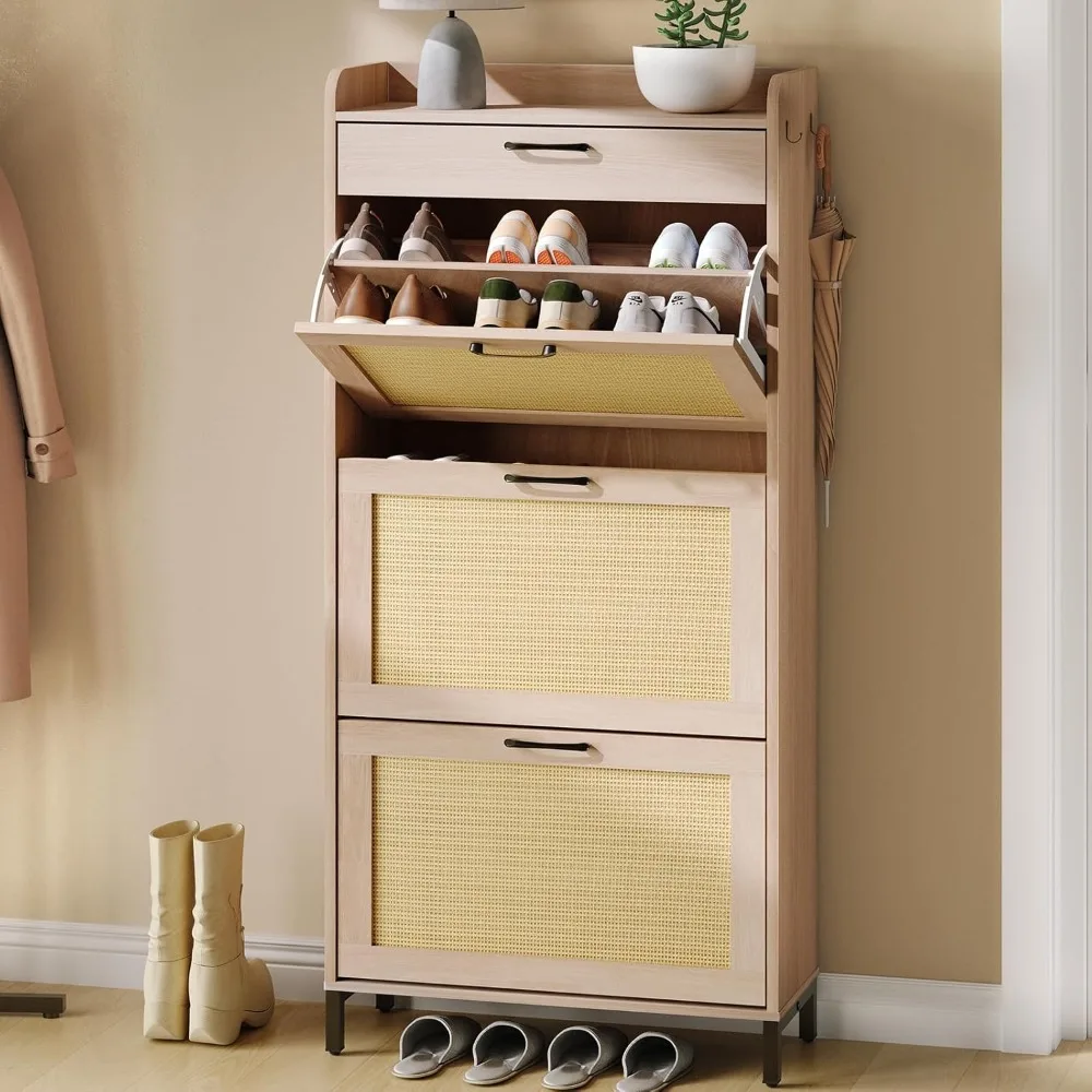 

Rattan Shoe Storage Cabinet with 3 Flip Drawers and 1 Drawer, Narrow Freestanding Shoe Cabinet for Entryway, Slim Hidden Shoe Or