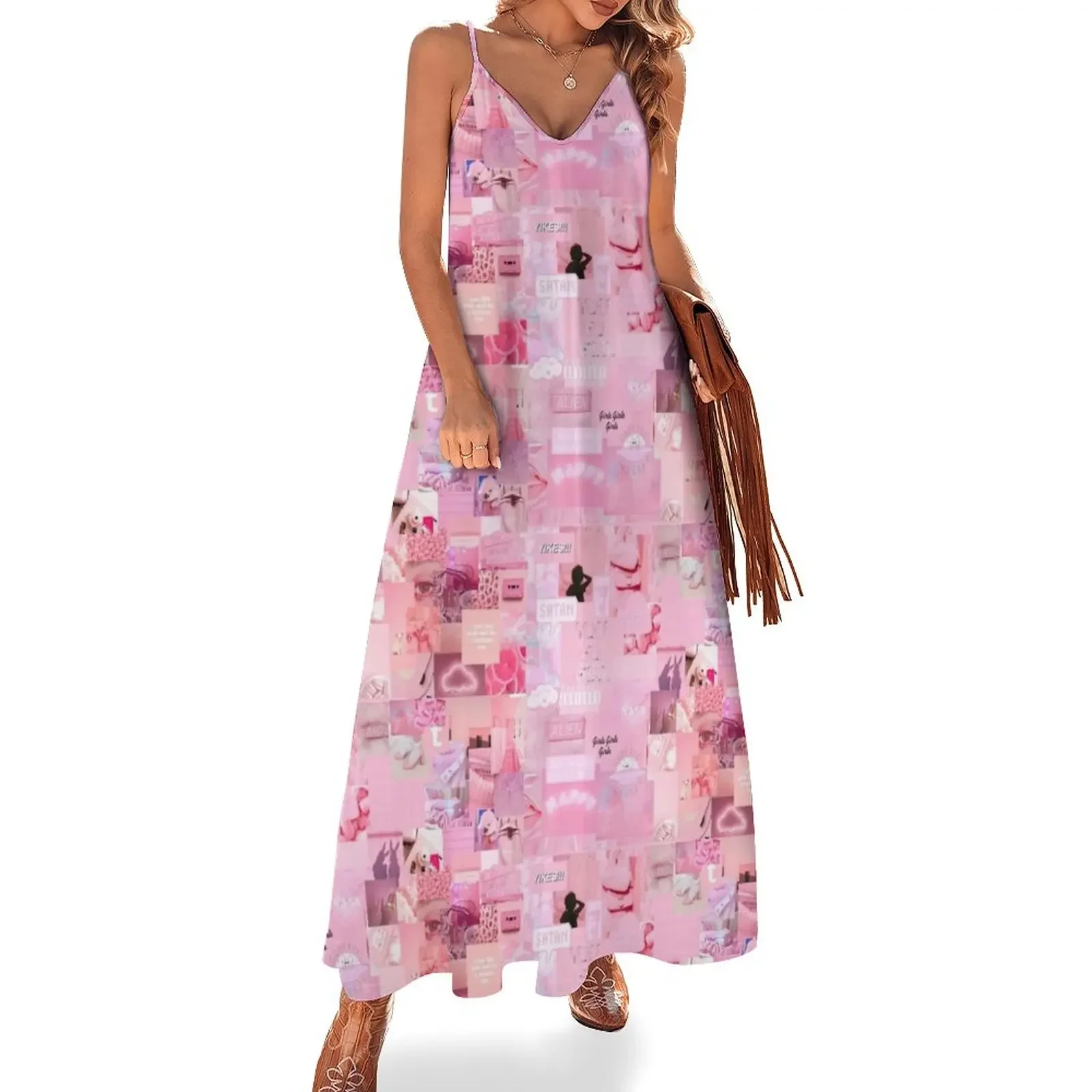 

Pink tumblr collage design Sleeveless Dress evening dress woman party dresses women