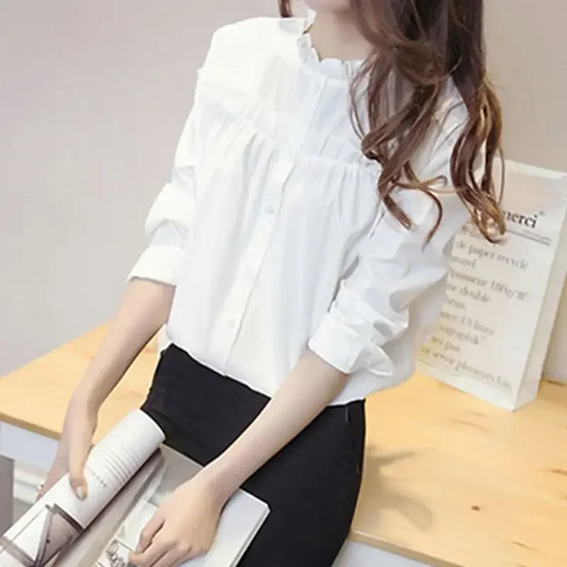 

Women's Autumn Fashion Solid Color Simplicity Stand Collar Long Sleeve Shirts Women Clothing Casual All-match Temperament Tops
