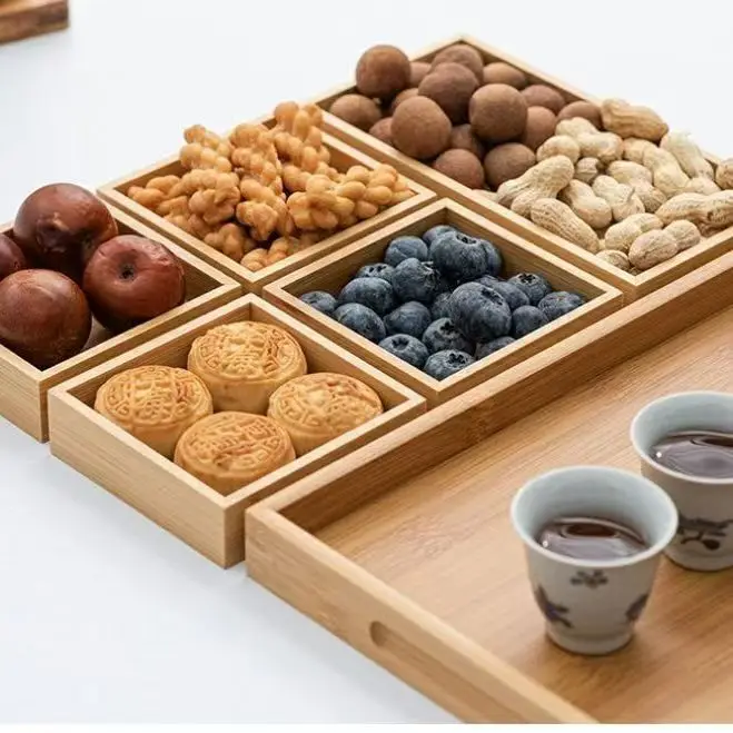 

Boil tea in the oven, bamboo wood partition dried fruit plate, snack Dim sum snack box tray, new Chinese simple Zen tea plate