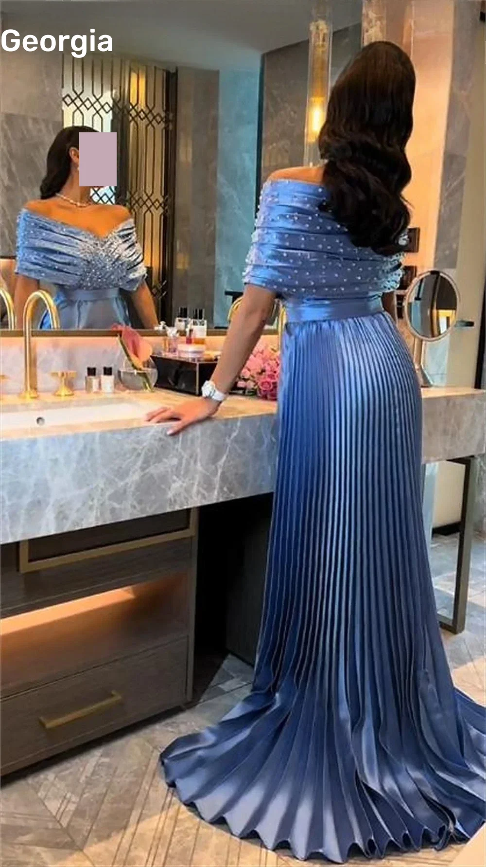 イブニングドレス カスタマイズ ブルーコラム オフショルダー フロアレングス エレガントでかわいい女性用ドレス ジッパーアップ ビーズ付き カクテルドレス