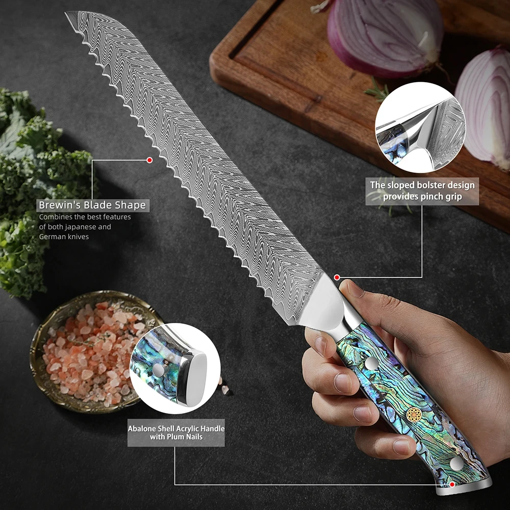 Damascus Steel Bread Knife with Serrated Blade for Hotel and Home Use Abalone Shell Handle Bread and Cake Kitchen Cooking Tool