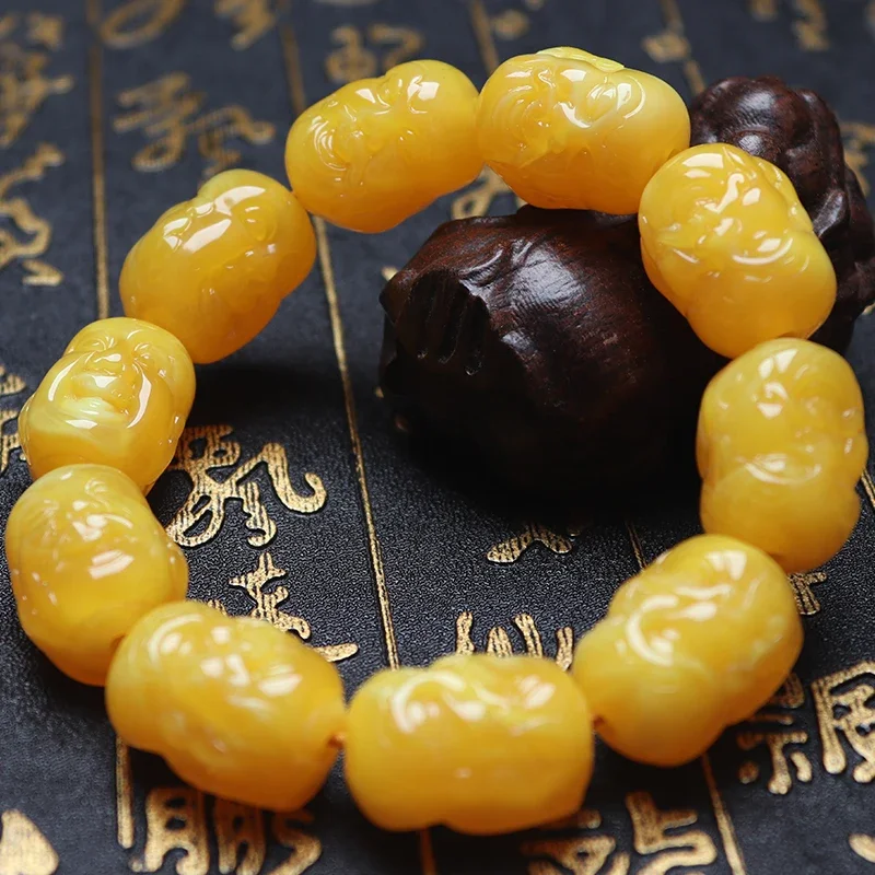 2025 Double-sided Chicken Oil Yellow Carving Buddha Head Beeswax Bracelet Men Women Rosary Buddha Beads Literary Hand String