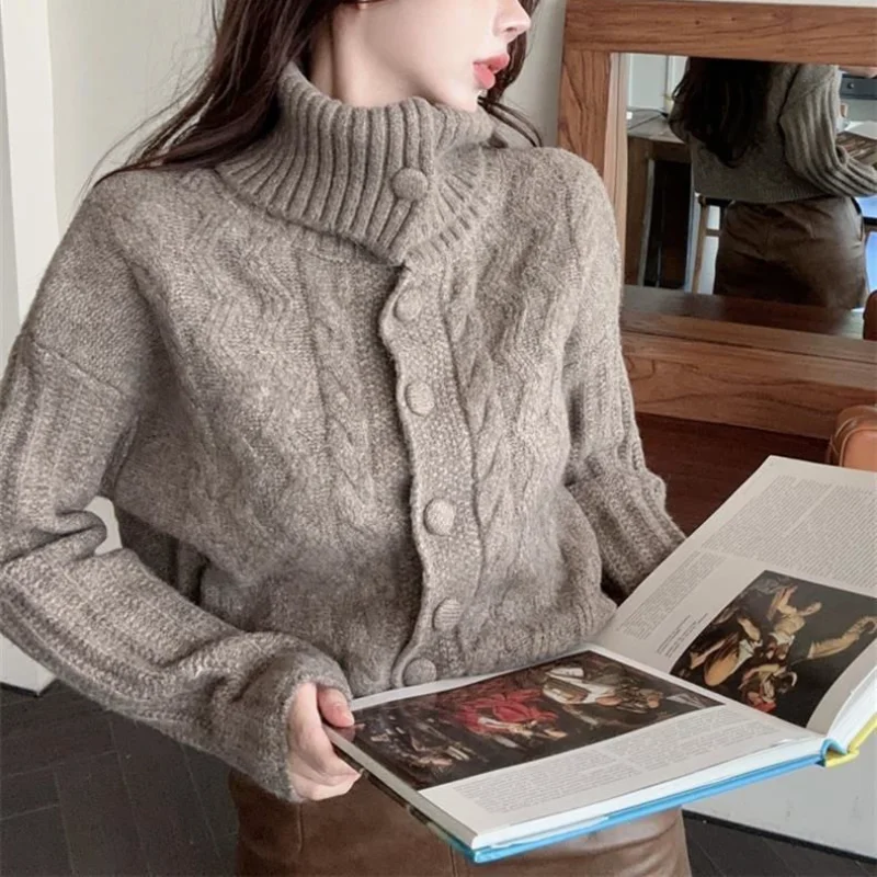 

Женская водолазка, осень-зима 2025, новый ленивый дизайн, свободный короткий вязаный свитер с длинными рукавами