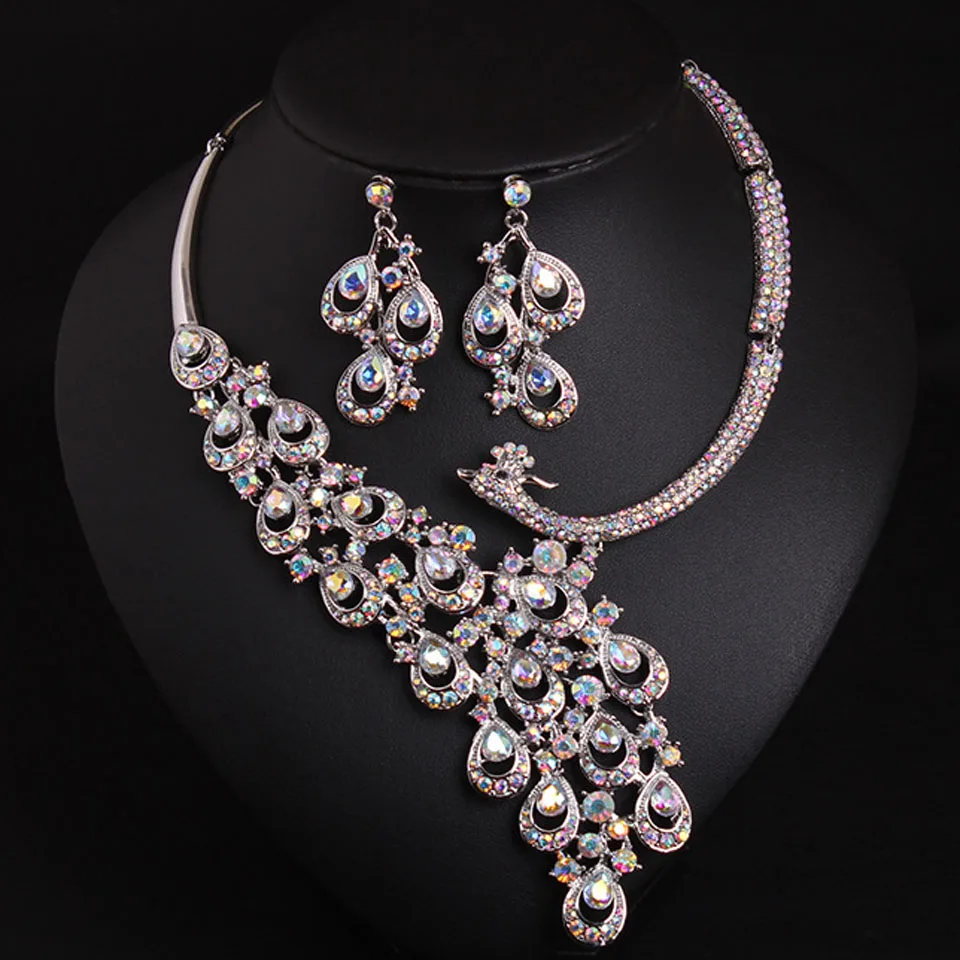 Zlxgirl Colorful Rhinestone Crystal Peacock shape women\'s wedding necklace earring jewelry set big brand Bridal neclace Ears