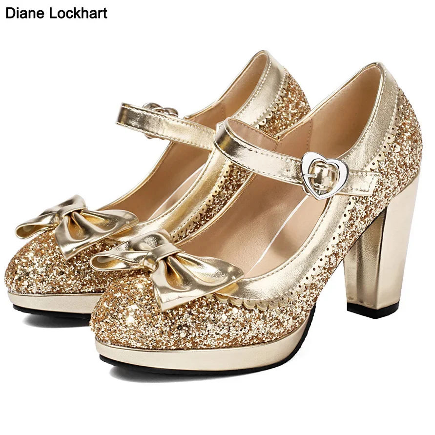 Luxurious Sequins Lolita Bow Shoes Women Gold Silver Bride Wedding Platform Mary Janes Pumps Princess Dress Evening Party Heels