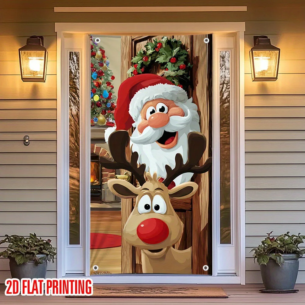 قطعة واحدة من لافتة عيد الميلاد تتميز بسانتا كلوز ورنة، مناسبة لتزيين مدخل المنزل #1