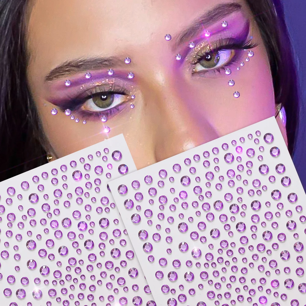 1pcs Face Gems Tattoos Stickers Sexy Seductive Purple Rhinestone Multiple Sizes Semi-circular Y2K Self-adhesive For Makeup Decor