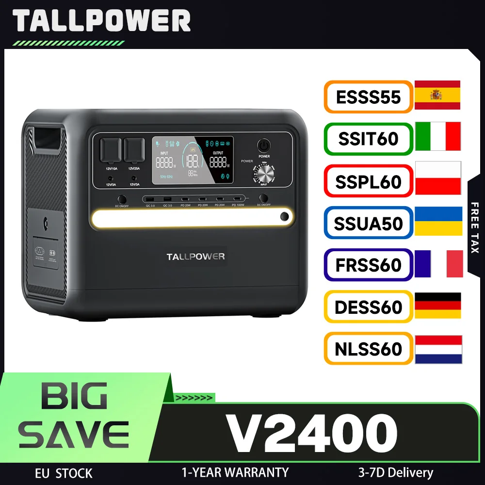Centrale électrique portable TALLPOWER V2400, générateur solaire LiFePo4 2160 Wh, sortie CA 2400 W, UPS, 13 sorties, écran LCD, coffre-fort