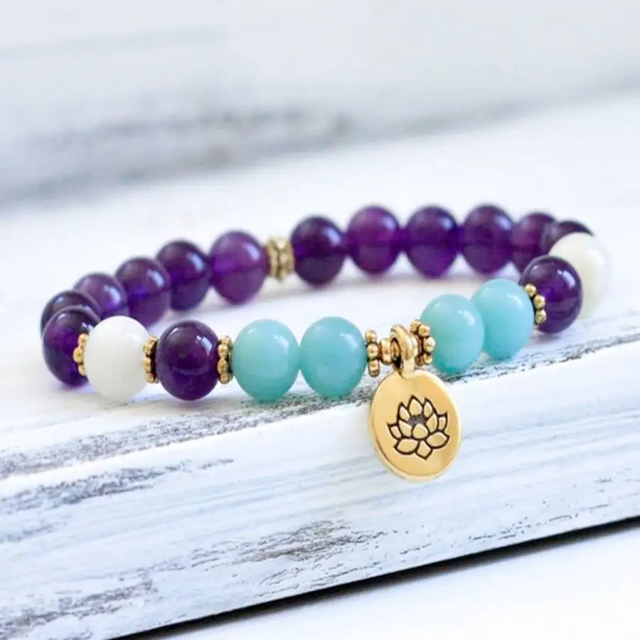 

8mm Amethyst Beads Bracelet 7.5inch Natural stone zazen Stone Bead Hand Buddha elastic Nirvana Tibetan Meditation Chakra Japa