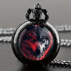 Vintage Wolf Animal Design Quartz Pocket Watch with Black Necklace Pendant World-Time Feature, Analog Display For Women Men Kids