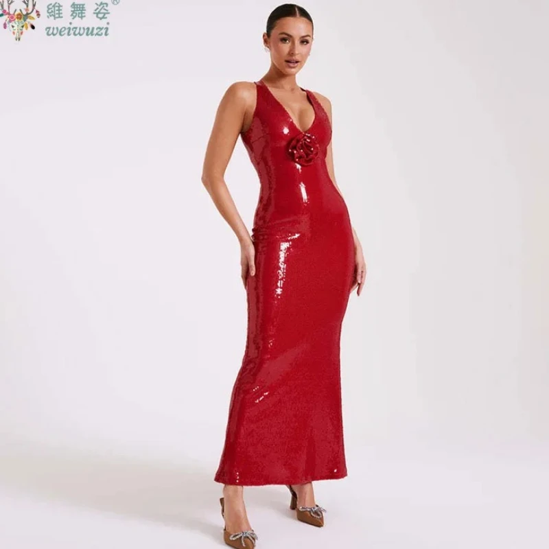 

Sexy V-neck Backless Sleeveless Sequined Mermaid Evening Gown with Three-dimensional Flower Decoration and Slim Fit Evening Gown