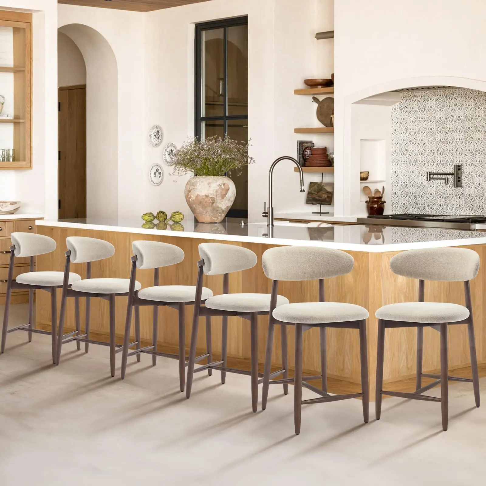 

Mid-Century Modern Upholstered Counter Stools With Wooden Legs, Beige Bar Chairs For Kitchen Island And Dining Area, Set Of Two