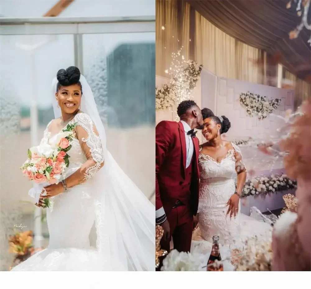 

Customized Lace Appliqued Long Sleeves Mermaid Wedding Dress Afrrican Sheer Black Girl Plus Size Bridal Gowwn Custom Made