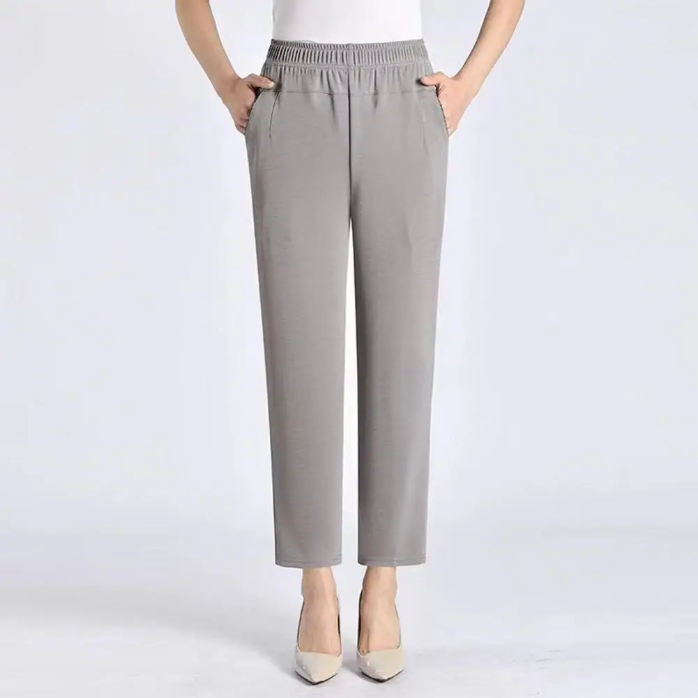 Pantalones elásticos de cintura alta con bolsillos reforzados para mujer, ropa de calle informal, cómoda y recta para verano