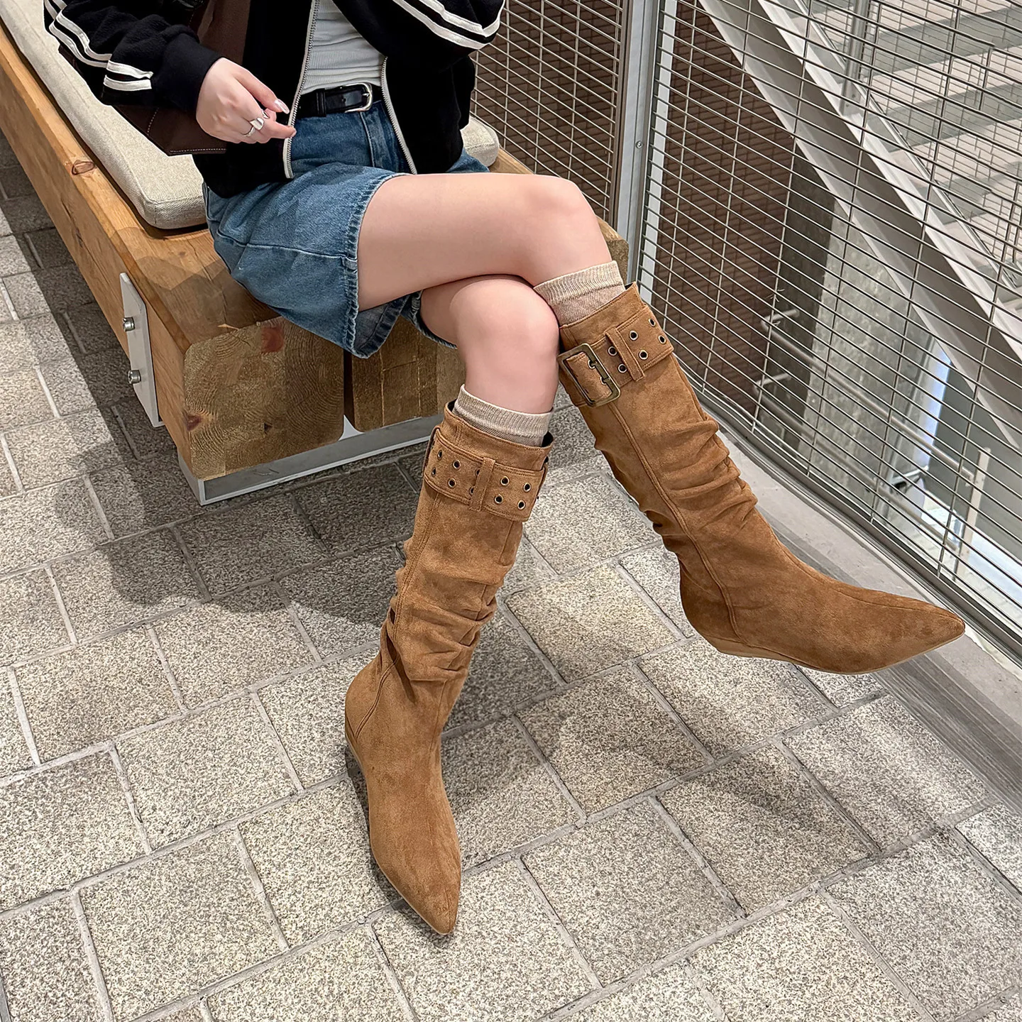 2026 new autumn winter women knee-high-boots 22-24.5cm stretch flannel pointed toe wedge heel Pile up boots fashion Knight Boots