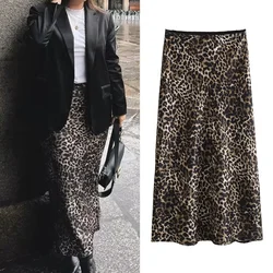 TRAF Leopard Print Satin Skirt Woman Bow Vintage Midi Skirt 2024 Summer Eleganckie długie spódnice dla kobiet Moda Spódnice damskie