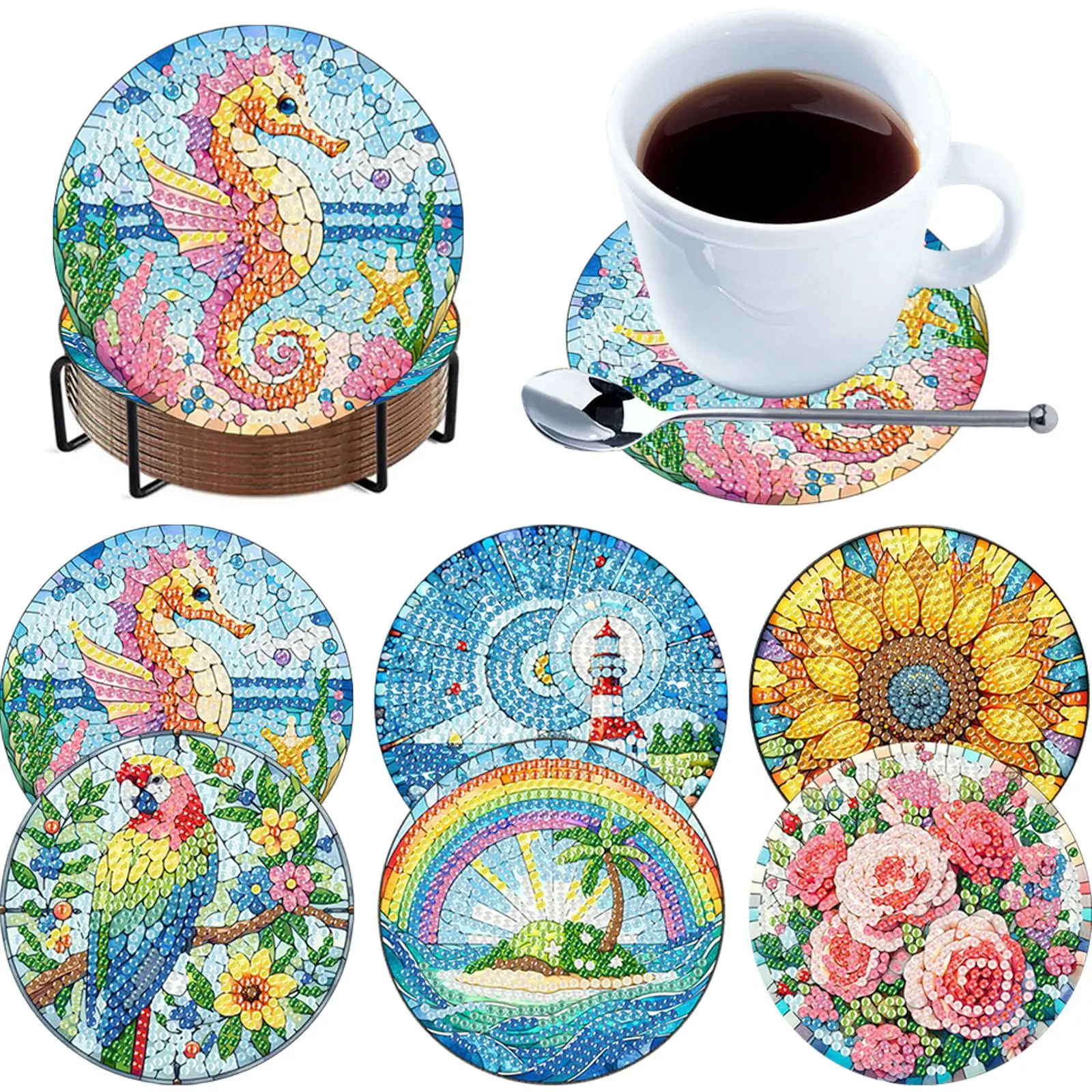 

6pcs DIY Diamond Painting Coasters Kits Full Drill Diamond Coaster Diamond Painting Art Coaster Kit for Adult Office Coffee Mats