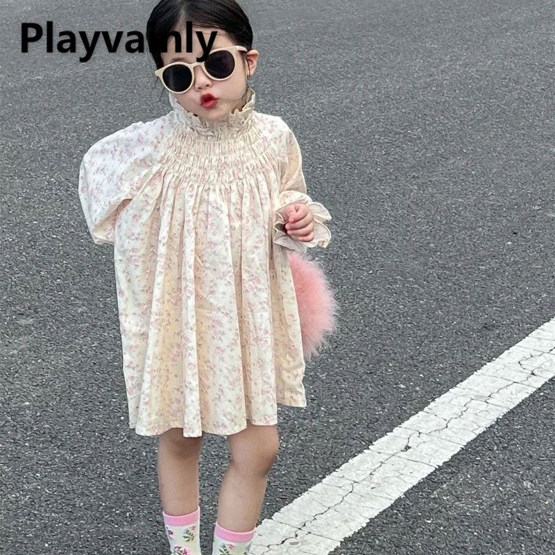 Korean Style Spring Autumn Little Girl Dress Long Sleeves Shirring Floral Stand Collar Children Casual Pleat Loose Dresses H3301