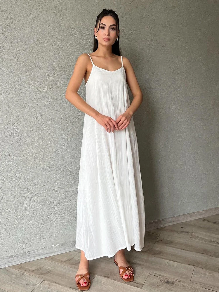 HiLoc Elegant White Pleated Long Nightdress Female 2024 Summer Spaghetti Strap A-Line Pink Nightie Casual Loose Sleepwears Women