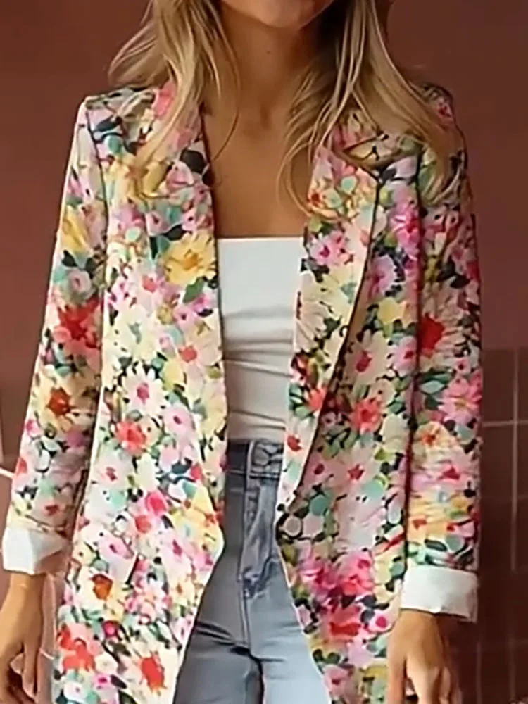 

New Fashion Floral Print Long Sleeved Blazer Jacket Autumn Temperament Lapel Slim Fit Outwear Office Women's Casual Button Coat