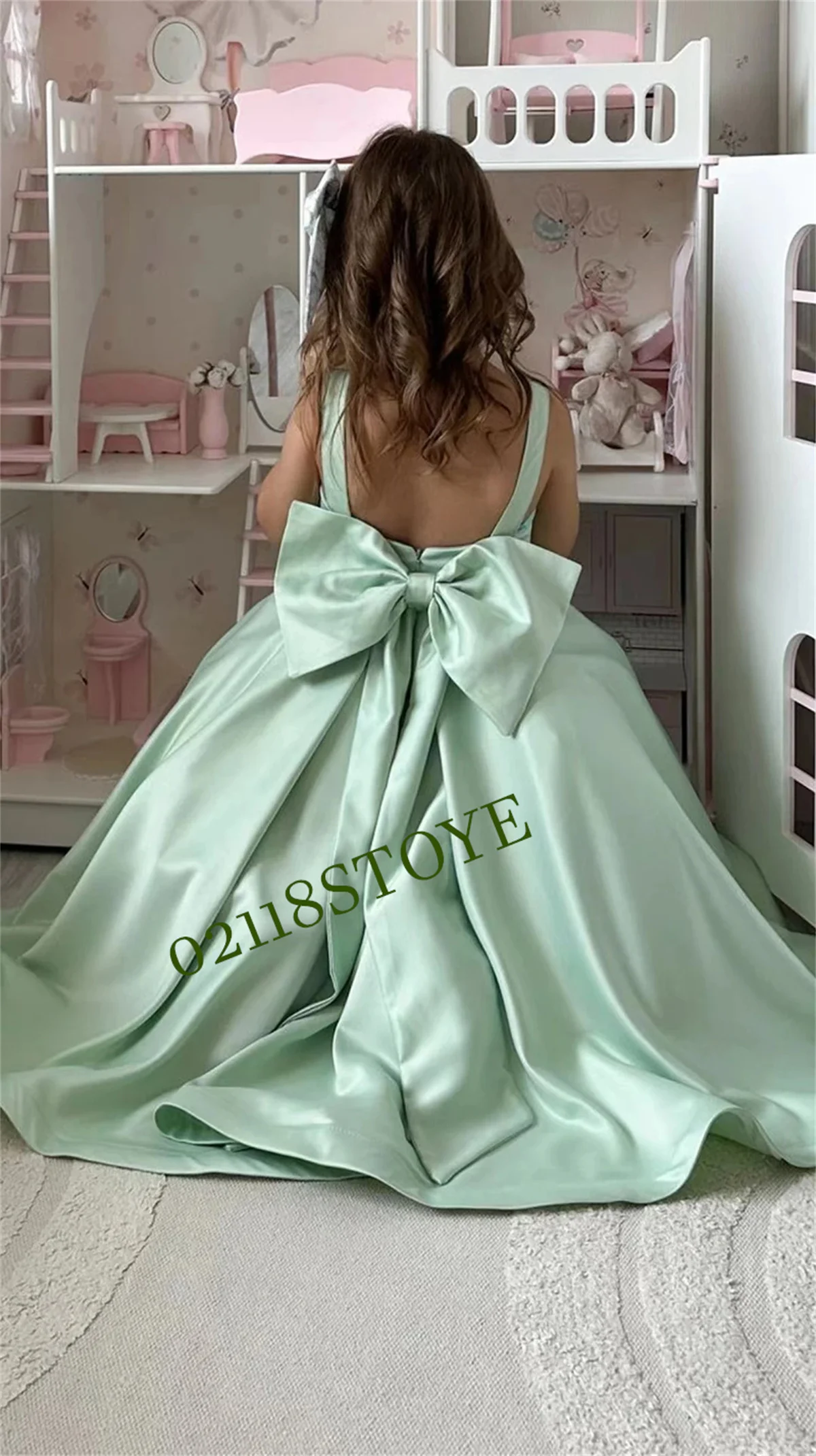 Flower Girl Dress For Wedding Green Satin Sleeveless With Bow Kids Princess Child First Eucharistic Birthday Party Dresses