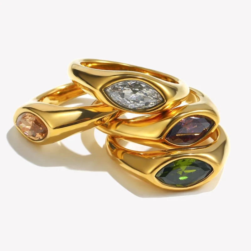 Horse Eye Zircon Seal Ring Colorful Hypoallergenic 316L Stainless Steel Decoration 18K Gold Plated Jewelry