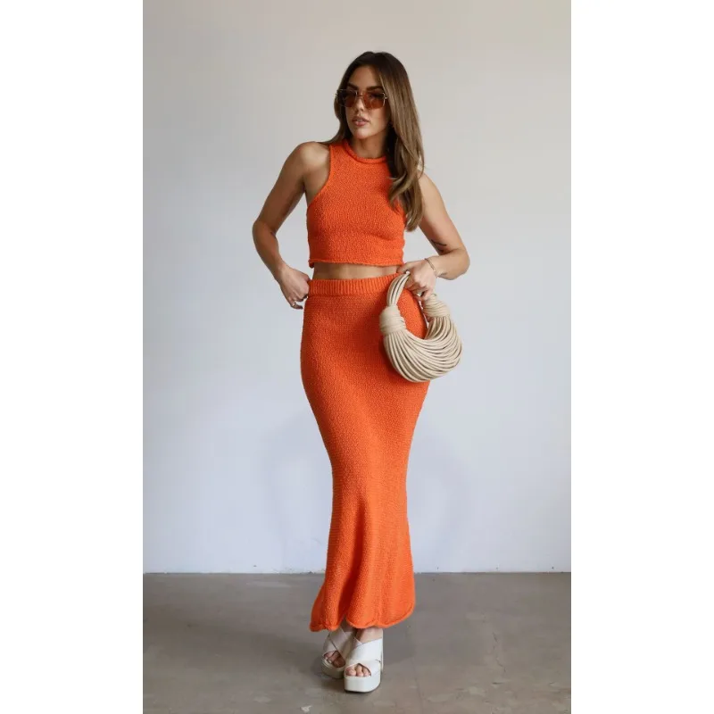 2 Piece Set Summer Sleeveless Tank Top Vest + Back Split Long Skirt Y2K Vintage French Style Women Elegant Knitted Crop Tops