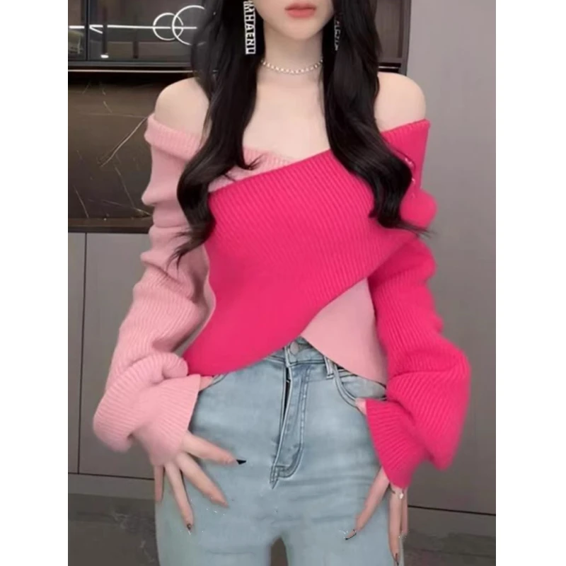 الخريف المرأة مثير طويلة الأكمام خارج الكتف سترة الشتاء عادية بلوفر مغزول موضة أنيقة عبر اللون تقسم تريكو