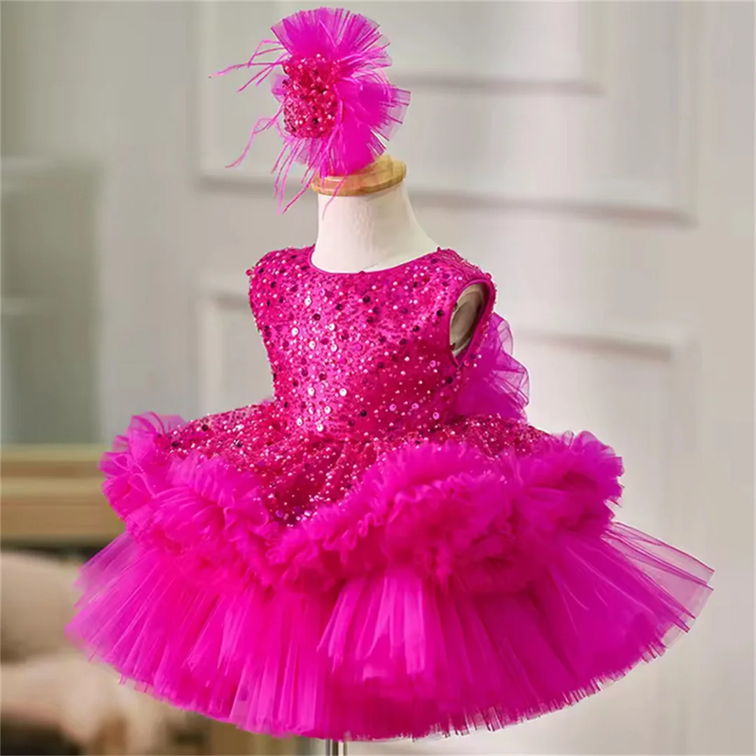 2025 New sequins without sleeve high -end puffed skirt Luxury girl birthday party dress girl elegant Christmas evening dress