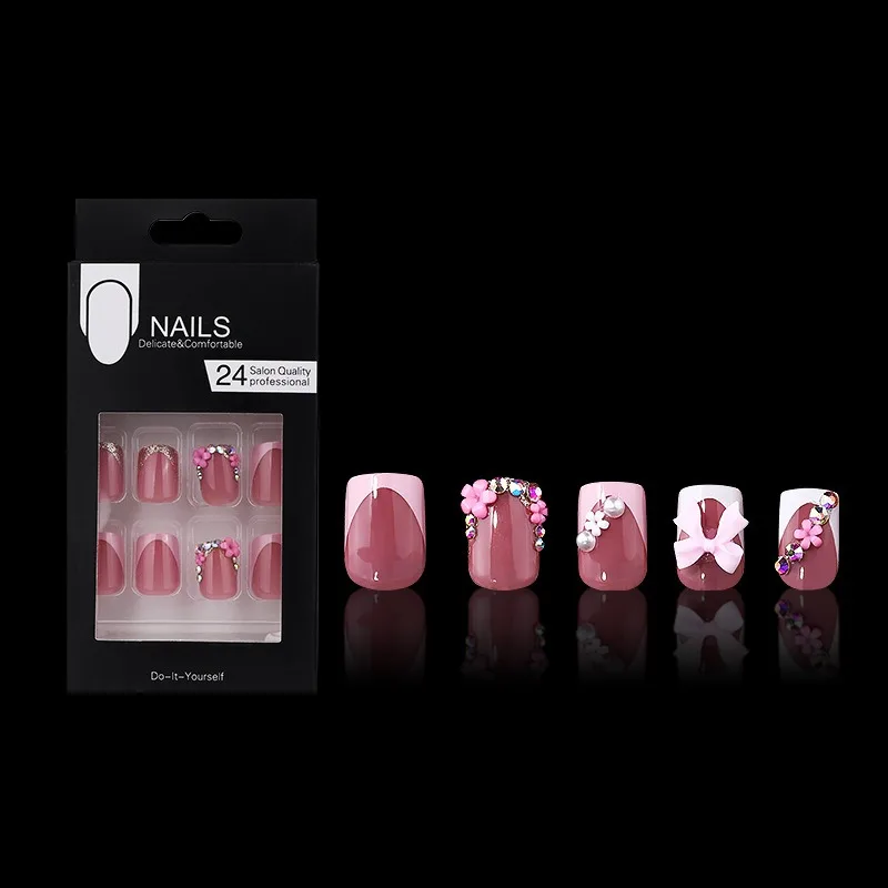 Conjunto de unhas falsas quadradas curtas, 24 peças, com design de arco de diamante, pontas de unhas adesivas francesas para gril doce, reutilizáveis