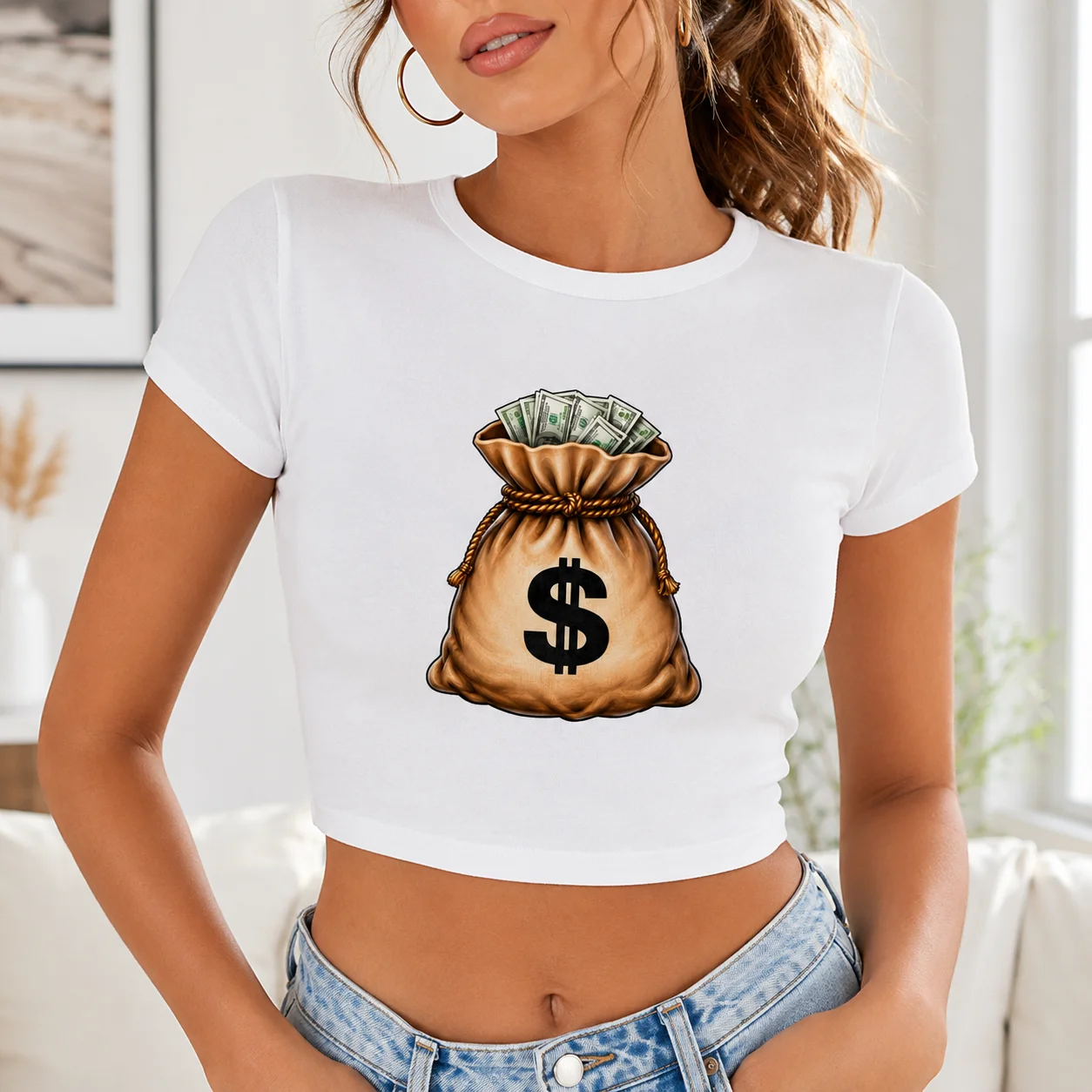 Crop Tops Baby Tee Money Bag Cash Graphic Print White Short-Sleeved T-Shirt Casual Summer Minimalist Women's Style Top O-Neck