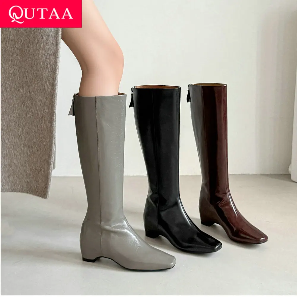 

QUTAA News Модные зимние женские сапоги до колена из коровьей кожи, женская обувь на среднем каблуке, длинные сапоги с острым носком, женское теплое платье 34-40