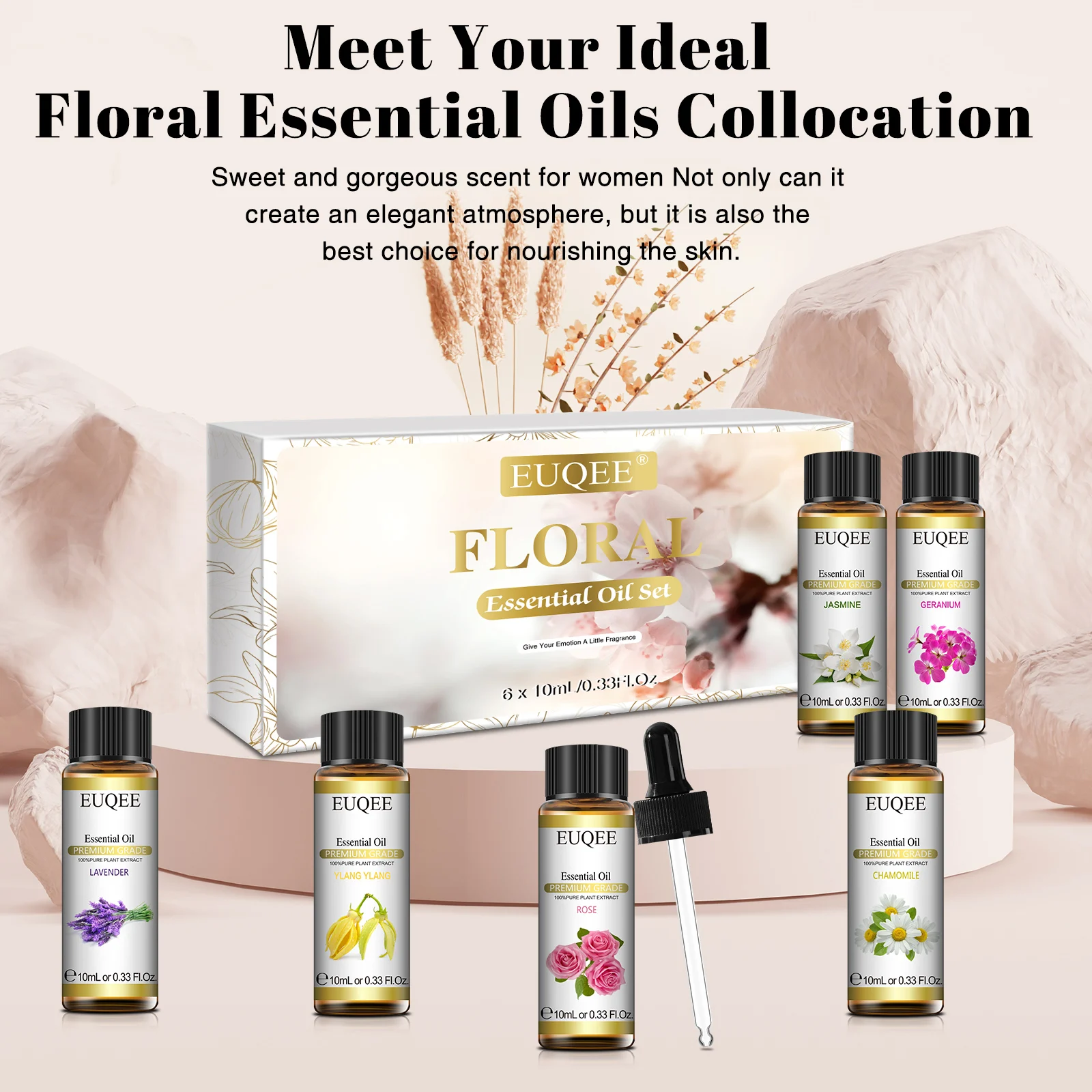 EUQEE Floral Essential Oils Set Of 6 Bottles For Diffuser,Candle Making-Rose Lavender Ylang Ylang Jasmine Geranium Chamomile