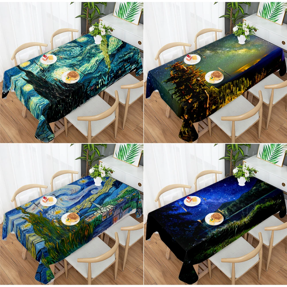 Abstract Art Ins Printed Tablecloth Green Wilderness Blue Moonlit Night Nature Rustic View Tablecloth Wedding Decoration Nappe