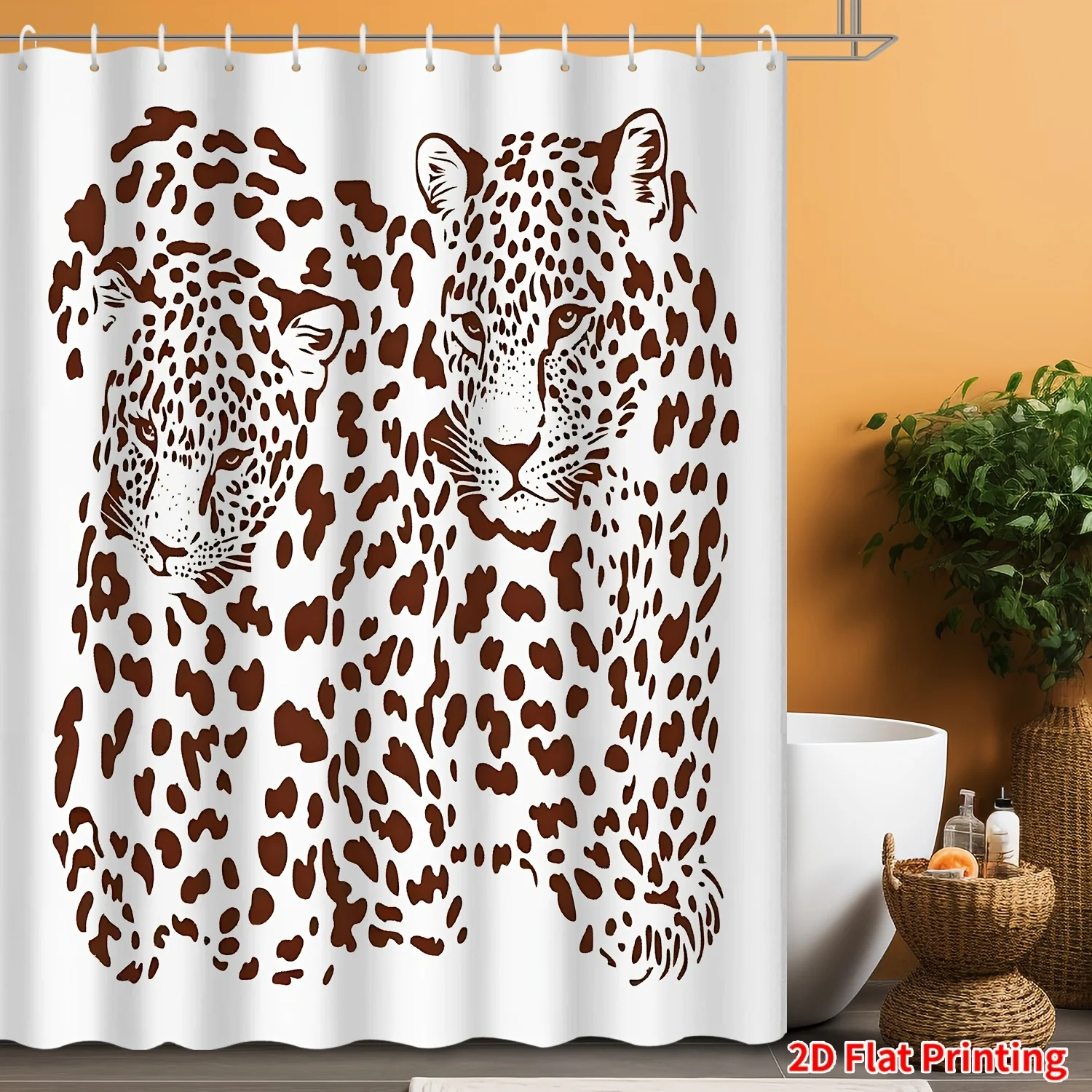 

Крючки для душевых занавесок с леопардовым принтом, 2D, плоский принт, коричневые пятна, два узора, белый фон, полиэстер, моющиеся