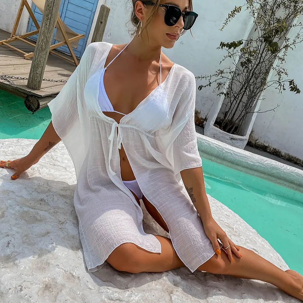 Beach Outing Cover Up Tunic Dress Bohemian Chiffon White Bikini Pareo Shirt Women Swimsuit Kimono Beachwear Cardigan