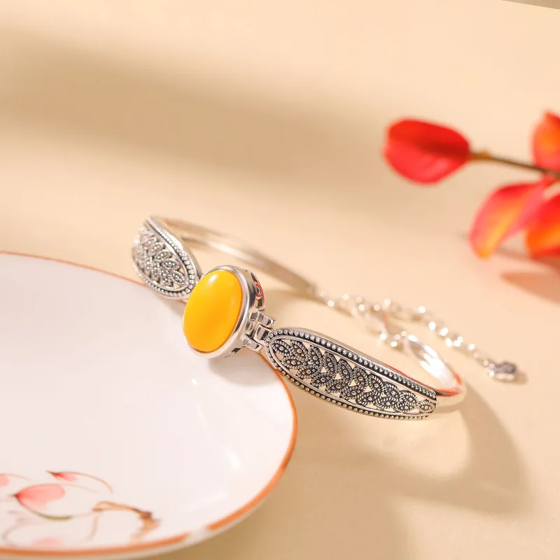 S925 فضة شمع العسل نمط الأسنان المجوفة القمح البيضاوي سوار المعصم الدائري