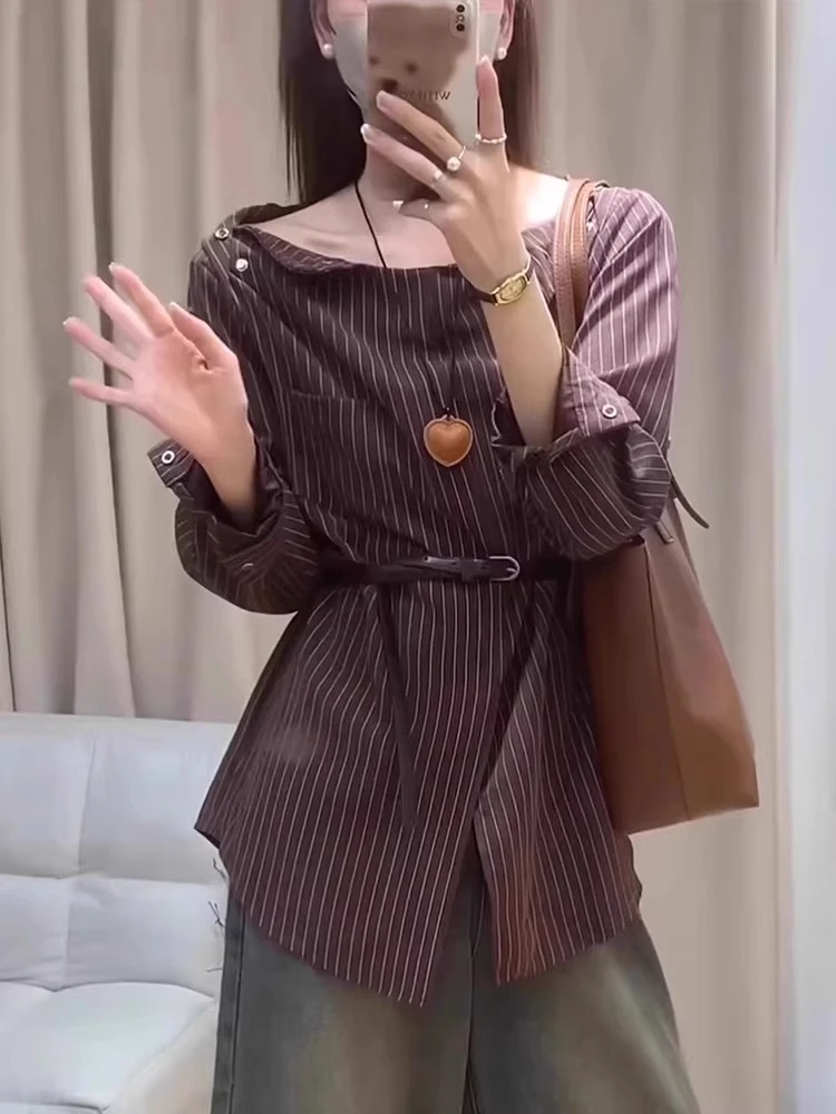 

Женский ретро-кофейный полосатый дизайн на одно плечо irt Ele для похудения, весна-осень, новая корейская версия, прямой крой