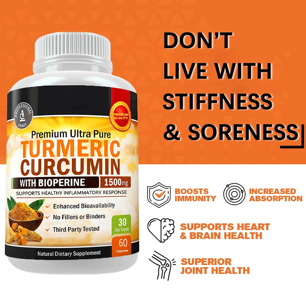 

Turmeric Curcumin 1500mg - 95% Curcuminoids & BioPerine Black Pepper Extract, Turmeric Supplement for Joint Support, 60 Capsules