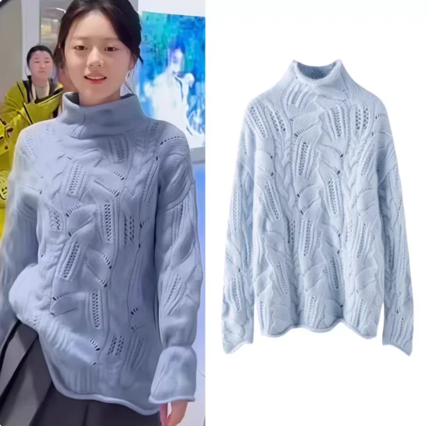 

Loose Fit High Ne Knitted Sweater O-Ne Casual Sle Hollow out Roll Crew Ne Soft Medium Thin Long Sve