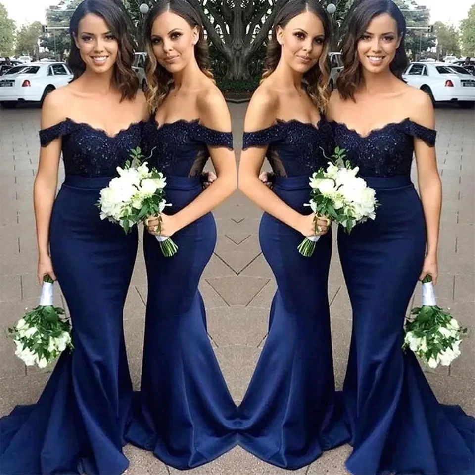 

Cheap Navy Blue Lace Bridesmaid Dresses Bohemian Cap Sleeves Satin Wedding Guest Dresses Garden Maid Of Honor Gowns BD8890