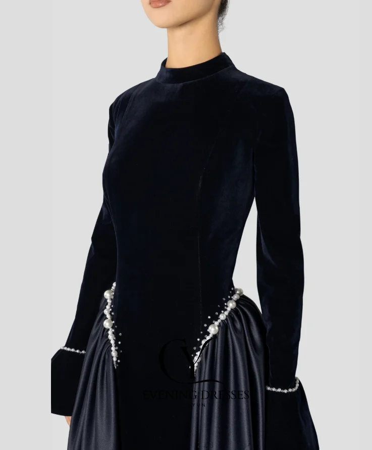 فساتين سهرة بأكمام طويلة وياقة عالية من CUYUN فساتين حفلة موسيقية طويلة مرقعة باللؤلؤ مخصصة لحفلات الزفاف الرسمية للضيوف