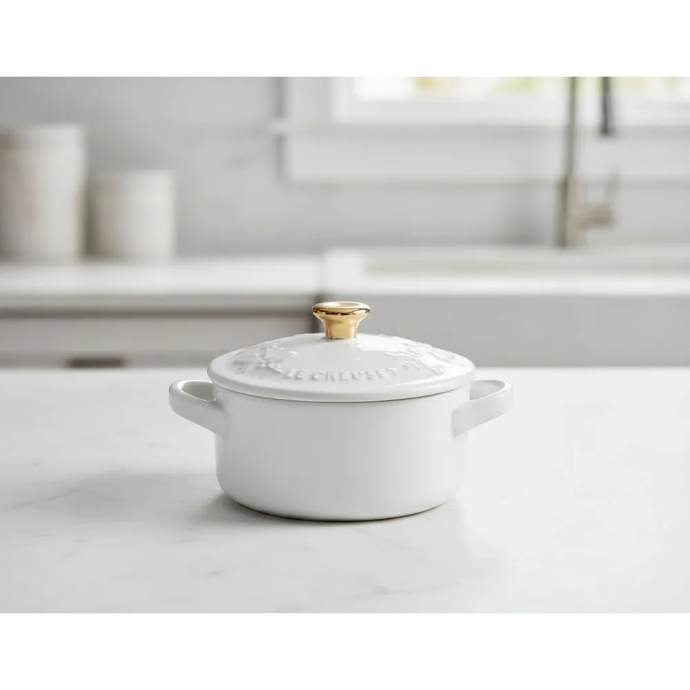 

8-унций мини-круглый каменный горшок Cocotte, белый с золотой ручкой для выпечки и сервировки, термостойкий кухонный подарок